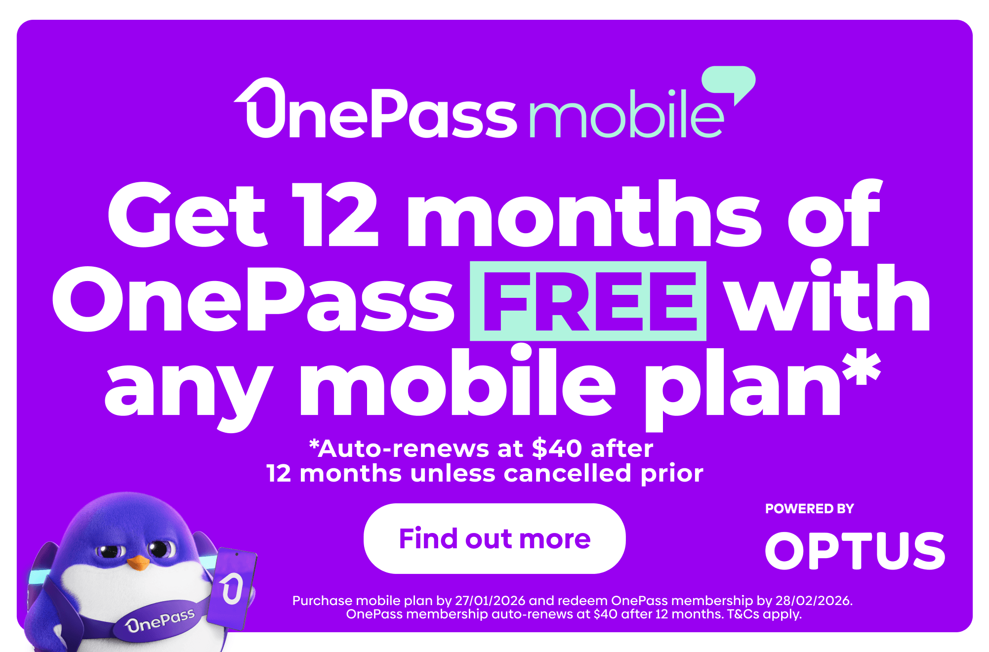 Get 12 months of OnePass FREE with any mobile plan with OnePass benefits